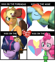 Size: 800x900 | Tagged: safe, artist:bossboi, applejack, gummy, owlowiscious, pinkie pie, rainbow dash, tank, twilight sparkle, winona, earth pony, pegasus, pony, unicorn, g4, :3, :o, biting, cute, ear bite, female, floppy ears, fourth wall, frown, heart, kiss meme, kissing, licking, mare, nom, nuzzling, one eye closed, one of these things is not like the others, open mouth, raised eyebrow, smiling, tongue out, unicorn twilight, wide eyes, wink
