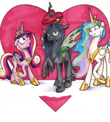Size: 2394x2658 | Tagged: safe, artist:mattings, princess cadance, princess celestia, queen chrysalis, alicorn, changeling, changeling queen, pony, g4, female, heart, hearts and hooves day, horn, horn impalement, mare, queen chrysalis is not amused, stifling laughter, traditional art, unamused, wavy mouth