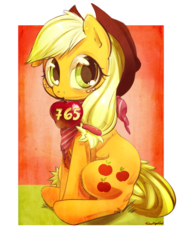 Size: 2814x3894 | Tagged: safe, artist:carligercarl, applejack, g4, apple, bandana, female, food, mouth hold, sitting, solo