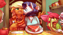 Size: 2000x1125 | Tagged: safe, artist:siden, apple bloom, applejack, big macintosh, rarity, sweetie belle, anthro, p<3nies, g4, cheek kiss, cleavage, clothes, derp, disgusted, ew gay, eyes closed, female, floppy ears, food, gagging, grin, imminent pain, kissing, lesbian, male, meat, open mouth, ponies eating meat, scarf, ship:rarijack, shipping, smiling, steak, table, tongue out, wallpaper, wink