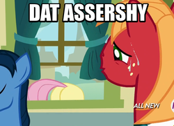 Size: 500x364 | Tagged: safe, edit, edited screencap, screencap, big macintosh, fluttershy, toe-tapper, earth pony, pony, filli vanilli, g4, ass up, butt, butt tail, caption, dat ass, female, flutterbutt, image macro, looking at butt, male, mare, meme, plot, pun, stallion, straight, sweat