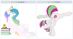 Size: 518x280 | Tagged: safe, artist:claritea, artist:derpwave, artist:joey darkmeat, blossomforth, princess celestia, pony, derpibooru, g4, backbend, book, cider, exploitable meme, flexible, juxtaposition, juxtaposition win, meme, meta, simple background, vector, white background