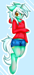 Size: 1139x2496 | Tagged: safe, artist:shyshyoctavia, lyra heartstrings, semi-anthro, g4, clothes, female, hoodie, shorts, solo