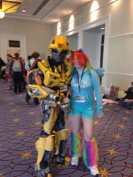 Size: 2448x3264 | Tagged: safe, rainbow dash, human, g4, bumblebee (transformers), cosplay, irl, irl human, katsucon, photo, transformers