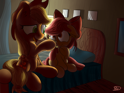 Size: 1600x1200 | Tagged: safe, artist:bobdude0, apple bloom, applejack, g4, adorabloom, applebetes, backlighting, bed, boop, cute, dark, floppy ears, jackabetes, raised eyebrow, smiling