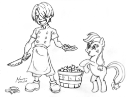 Size: 1047x800 | Tagged: safe, artist:irie-mangastudios, applejack, g4, apple, child, crossover, filly, knife, monochrome, one piece, pencil drawing, plate, vinsmoke sanji