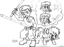 Size: 1099x800 | Tagged: safe, artist:irie-mangastudios, rainbow dash, g4, child, crossover, filly, monochrome, nom, one piece, pencil drawing, practice swords, roronoa zoro, sword, thought bubble