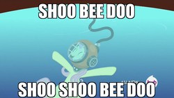 Size: 640x360 | Tagged: safe, edit, edited screencap, screencap, fluttershy, sea pony, filli vanilli, g4, diving helmet, female, image macro, meme, scuba gear, shoo be doo, solo, underwater, watershy