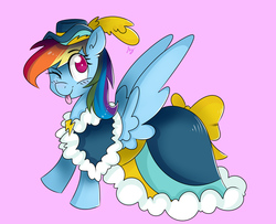 Size: 5129x4169 | Tagged: safe, artist:bloodyhellhayden, rainbow dash, g4, absurd resolution, clothes, coronation dress, dress, female, hat, solo, tongue out