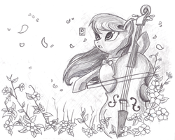 Size: 900x721 | Tagged: safe, artist:star-sketches, octavia melody, g4, black and white, cello, female, flower, grayscale, monochrome, musical instrument, sketch, solo