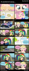 Size: 3950x9500 | Tagged: dead source, safe, artist:garretthegarret, fluttershy, rainbow dash, comic:a weekend away, equestria girls, g4, alternate hairstyle, car, comic, driving, gift giving, human coloration, map, road, surprised, terry the triumph, ticket, triumph, triumph acclaim, vacation