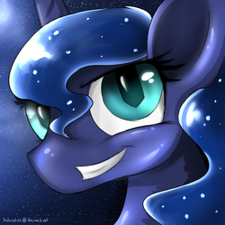 Size: 500x500 | Tagged: safe, artist:yoshicat02, princess luna, g4, bust, female, grin, night, solo