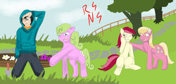 Size: 1024x488 | Tagged: safe, artist:nitro-san, daisy, flower wishes, lily, lily valley, roseluck, oc:anon, earth pony, human, pony, g4, 10 hooded anons, clothes, female, flower trio, hoodie, human and pony, male, mare, sweat