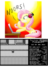 Size: 600x900 | Tagged: safe, fluttershy, pegasus, pony, g4, computer, female, gamershy, headphones, ledge, mare, pokémon, rage, solo, that damn ledge, twitch plays pokémon, twitch.tv