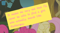 Size: 1280x720 | Tagged: safe, screencap, fluttershy, pinkie pie, earth pony, pegasus, pony, bridle gossip, g4, comments didn't age well, confession, duo, duo female, female, flutterguy, hair, pony confession