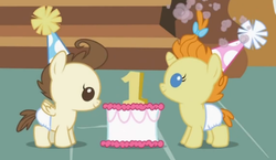Size: 506x294 | Tagged: safe, screencap, pound cake, pumpkin cake, baby cakes, g4, baby, baby eyes, baby pony, cake, cake twins, colt, cute, diaper, diapered, diapered colt, diapered filly, diapered foals, female, filly, food, happy babies, hat, male, one month old colt, one month old filly, one month old foals, party hats, smiling, standing, white diapers