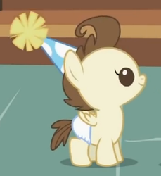 Size: 232x253 | Tagged: safe, screencap, pound cake, pony, baby cakes, g4, baby, baby pony, colt, cute, diaper, diapered, diapered colt, hat, looking up, male, one month old colt, party hat, solo, white diaper