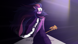 Size: 3840x2160 | Tagged: safe, artist:an-m, twilight sparkle, human, anthro, g4, alternate hairstyle, cane, cape, clothes, eared humanization, female, horn, horned humanization, humanized, long hair, scepter, solo, twilight scepter