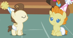 Size: 491x256 | Tagged: safe, screencap, pound cake, pumpkin cake, baby cakes, g4, baby, baby pony, cake twins, cute, daaaaaaaaaaaw, diaper, diapered, diapered colt, diapered filly, diapered foals, eyes closed, happy babies, hat, one month old colt, one month old filly, one month old foals, party hats, sitting, standing, white diapers