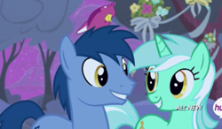 Size: 504x294 | Tagged: safe, screencap, blues, lyra heartstrings, noteworthy, bird, cardinal, earth pony, pony, songbird, unicorn, filli vanilli, g4, animal, background pony, duo, eye contact, female, grin, hub logo, hubble, male, mare, ponies standing next to each other, ship:lyraworthy, shipping fuel, smiling, stallion, straight, the hub