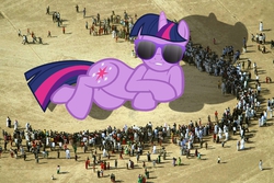 Size: 2000x1338 | Tagged: safe, twilight sparkle, human, pony, unicorn, g4, giant pony, giant unicorn, highrise ponies, irl, lying down, macro, photo, ponies in real life, smugdash, sunglasses, unicorn twilight