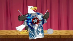 Size: 683x384 | Tagged: safe, edit, edited screencap, screencap, bald eagle, eagle, g4, may the best pet win, my little pony: friendship is magic, captain america, clothes, knitting, shirt