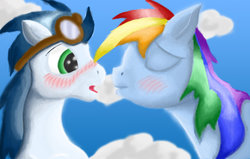 Size: 1024x650 | Tagged: safe, artist:shadowdash0, rainbow dash, soarin', g4, blushing, female, male, ship:soarindash, shipping, straight