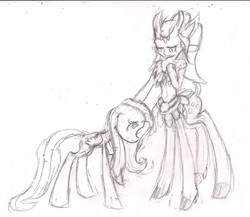 Size: 1280x1110 | Tagged: safe, artist:theskitzogamer, fluttershy, centaur, g4, belly button, cute, dota 2, enchantress, monochrome, petting, sketch, smiling, standing