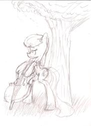 Size: 1114x1538 | Tagged: safe, artist:theskitzogamer, octavia melody, earth pony, pony, g4, background pony, bipedal, cello, female, looking away, monochrome, musical instrument, sketch, solo, traditional art, tree, under the tree