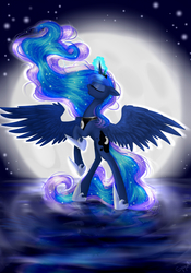Size: 4816x6874 | Tagged: safe, artist:alicjaspring, princess luna, alicorn, pony, g4, absurd resolution, crown, ethereal mane, eyes closed, female, glowing horn, hoof shoes, horn, jewelry, moon, night, reflection, regalia, solo, spread wings, standing, stars, wings