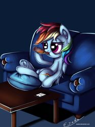 Size: 1400x1867 | Tagged: safe, artist:esuka, rainbow dash, g4, alcohol, couch, drinking, female, lonely, pillow, sitting, solo, table, underhoof