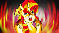 Size: 1920x1080 | Tagged: safe, artist:resonance, sunset shimmer, pony, unicorn, g4, crown, female, fiery shimmer, fire, jewelry, laughing, open mouth, regalia, solo, wallpaper