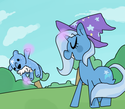 Size: 526x458 | Tagged: safe, artist:meowing-ghost, trixie, pony, unicorn, ursa minor, g4, female, fight, magic, mare, plushie, roleplaying, solo, teddy bear, ursa plush