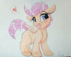 Size: 996x800 | Tagged: safe, artist:prettypinkpony, scootaloo, pegasus, pony, g4, blank flank, female, filly, floppy ears, foal, heart, long eyelashes, open mouth, open smile, signature, smiling, solo, spread wings, traditional art, watercolor painting, wings