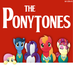 Size: 4486x4000 | Tagged: safe, artist:mrcbleck, big macintosh, fluttershy, rarity, toe-tapper, torch song, earth pony, pony, filli vanilli, g4, album cover, butt, fourth wall, group, male, plot, ponytones, rearity, sgt. pepper's lonely hearts club band, stallion, the beatles