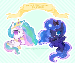 Size: 600x509 | Tagged: safe, artist:scarlet-songstress, princess celestia, princess luna, g4, banner, chibi, wink