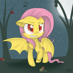 Size: 2300x2300 | Tagged: safe, artist:meotashie, fluttershy, bats!, g4, apple, female, flutterbat, moon, solo