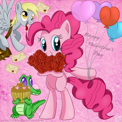 Size: 800x800 | Tagged: safe, artist:swanlullaby, derpy hooves, gummy, pinkie pie, pegasus, pony, g4, balloon, cute, female, mare, valentine's day