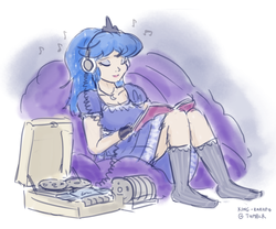 Size: 1000x831 | Tagged: safe, artist:king-kakapo, princess luna, human, g4, book, clothes, eyes closed, feet, female, humanized, light skin, missing shoes, music, my little art challenge, pillow, sitting, smiling, socks, solo, tape recorder