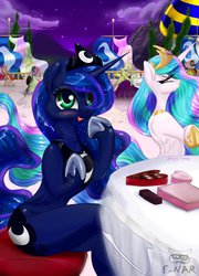 Size: 1024x1426 | Tagged: safe, artist:f-nar, princess celestia, princess luna, semi-anthro, g4, anatomically incorrect, banner, bipedal, blushing, canterlot, chocolate, chocoluna, concave belly, cute, hearts and hooves day, hoof shoes, incorrect leg anatomy, jealous, luna loves chocolate, lunabetes, peytral, princess shoes, sitting, slender, that pony sure does love chocolate, thin, valentine, valentine's day