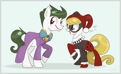 Size: 4681x2886 | Tagged: safe, artist:balloons504, pony, batman, batman the animated series, clothes, dc comics, female, harley quinn, heart, mad love, male, ponified, straight, the joker