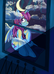 Size: 727x1000 | Tagged: safe, artist:pseudosharp, oc, oc only, oc:parcly taxel, alicorn, pony, alicorn oc, cloud, cloudy, moon, night, reflection, request, solo, window, windowsill