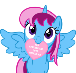 Size: 1280x1221 | Tagged: safe, artist:stealth1546, oc, oc only, oc:parcly taxel, alicorn, pony, alicorn oc, heart, looking at you, mouth hold, pun, simple background, smiling, solo, spread wings, transparent background, valentine, vector