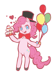 Size: 1397x1875 | Tagged: safe, artist:mitsu, pinkie pie, earth pony, pony, g4, balloon, bipedal, bowtie, cupcake, female, hat, pixiv, solo, top hat