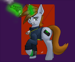 Size: 500x413 | Tagged: safe, artist:dastentakel, oc, oc only, oc:littlepip, pony, unicorn, fallout equestria, abstract background, clothes, cutie mark, fanfic, fanfic art, female, glowing horn, gun, handgun, hooves, horn, jumpsuit, levitation, little macintosh, magic, mare, optical sight, pipbuck, revolver, solo, teeth, telekinesis, vault suit, weapon