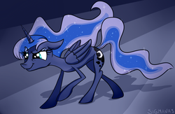 Size: 1024x668 | Tagged: safe, artist:sigmanas, princess luna, alicorn, pony, g4, eye clipping through hair, female, mare, shadow, smiling, smirk, sneaking, sneaky, solo
