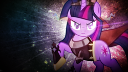 Size: 1920x1080 | Tagged: safe, artist:karl97, artist:zelc-face, twilight sparkle, pony, g4, armor, cape, clothes, corrupted, crown, female, glowing eyes, lens flare, shoes, solo, vector, wallpaper