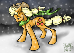 Size: 1400x1000 | Tagged: safe, artist:downpourpony, applejack, g4, female, snow, snowfall, solo