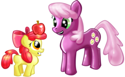 Size: 900x559 | Tagged: safe, artist:shadow-rhapsody, apple bloom, cheerilee, earth pony, pony, g4, apple, duo, duo female, female, filly, mare, simple background, smiling, transparent background