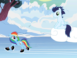 Size: 1024x776 | Tagged: safe, artist:rulette, rainbow dash, soarin', g4, cloud, female, grin, ice, ice skating, looking back, male, ship:soarindash, shipping, sitting, skating, smiling, snow, straight